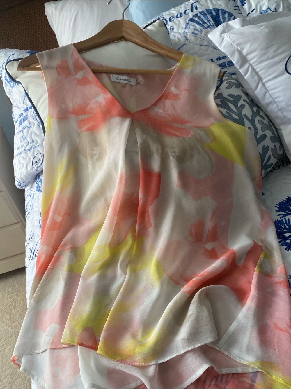 Calvin Klein Sleeveless Floral Watercolor Top - Coral, Yellow, Cream
